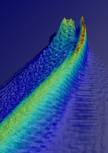 Künstlerische Darstellung des optischen diametralen Antriebs auf Basis von Messdaten. Der linke Pulszug mit positiver effektiver Masse und der rechte Pulszug mit negativer Masse beschleunigen durch eine Umkehr des 3. Newtonsches Gesetzes in die gleiche Richtung. (Bild: FAU)