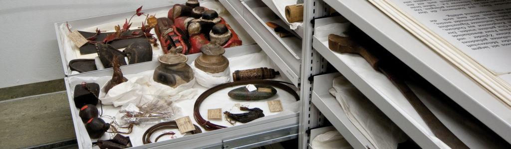 Objects from Borneo collected by the Ernst Friedrich Will in the Indonesia section of the store at the Five Continents Museum in Munich (image: Marietta Weidner/Five Continents Museum)
