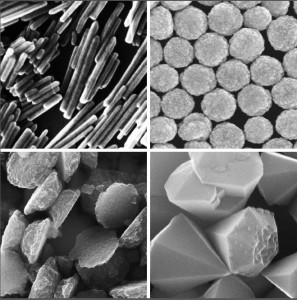 Die FAU-Forscher untersuchen unter anderem Zinkoxid-Nanopartikel – angeordnet als Stäbchen (links oben), als Kügelchen (rechts oben), als Plättchen (links unten) oder als Tetraeder (rechts unten). Je nach Form unterscheidet sich die Wirkung dieser extrem kleinen Nanoteilchen. Ein menschliches Haar ist übrigens in etwa 800 Mal so dick wie die abgebildeten Partikel. (Bild: FAU)