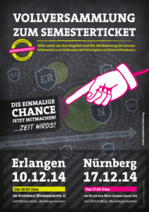 Das Plakat der Studierendenvertretung zur den Vollversammlungen am 10. Dezember in Erlangen und 17. Dezember in Nürnberg. (Bild: Stuve/elmografico.de)