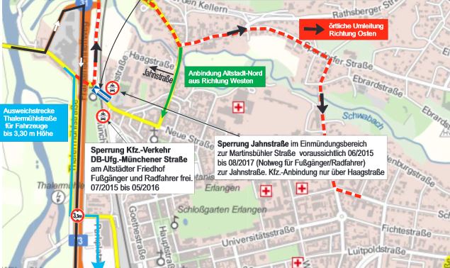 Ausschnitt aus dem Umleitungsplan zur Sperrung der DB-Unterführung Martinsbühler Straße. (Bild: Stadt Erlangen)