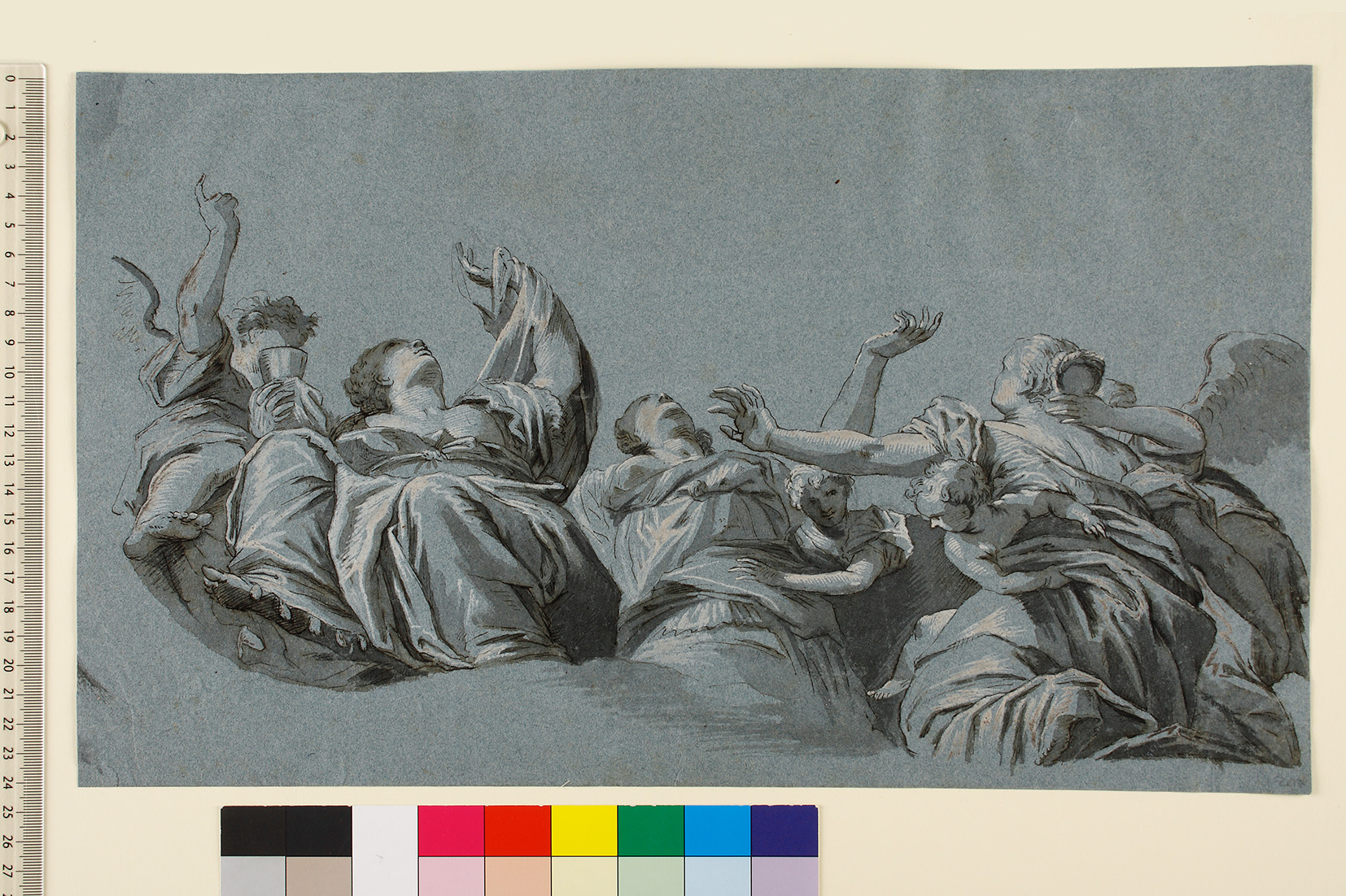 Unbekannter süddeutscher Künstler, Eine Reihe aufblickender Frauen und Engel, von unten gesehen, auf Wolken, 17. Jh. (Inv. Nr. H 62 / B 1213)