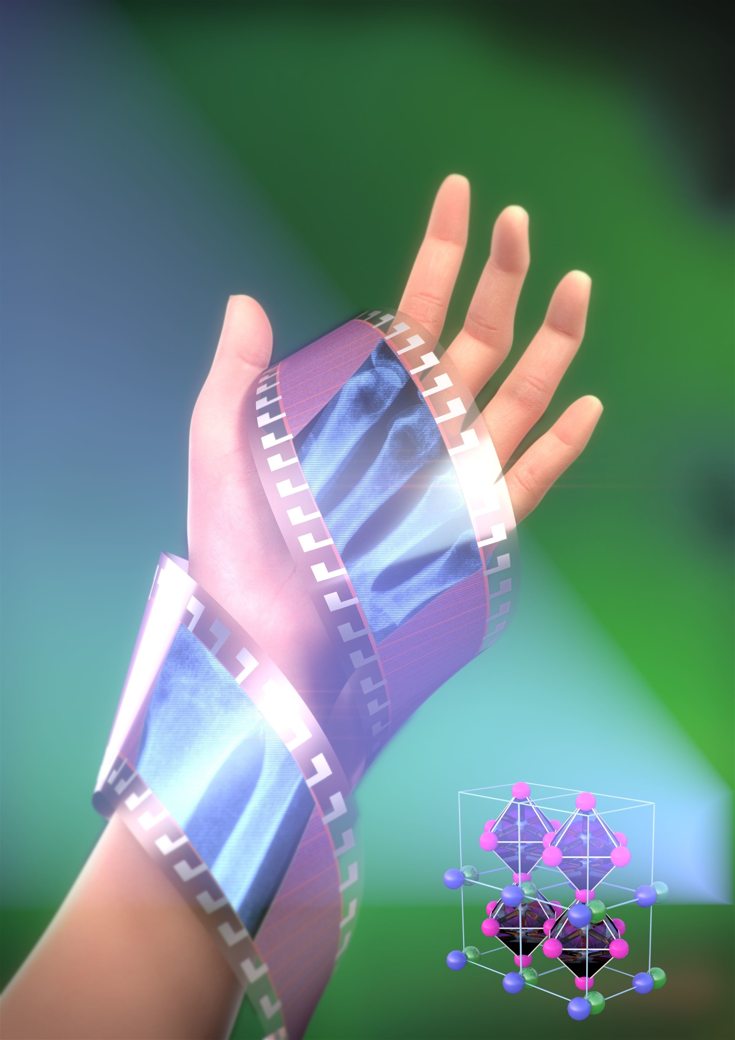 Welche Halbleiter eignen sich für Röntgendetektoren auf flexiblen Trägermaterialien? Das haben Wissenschaftler der FAU untersucht. Unten rechts ist die Kristallstruktur des verwendeten Halbleiters zu sehen. (Grafik: FAU)