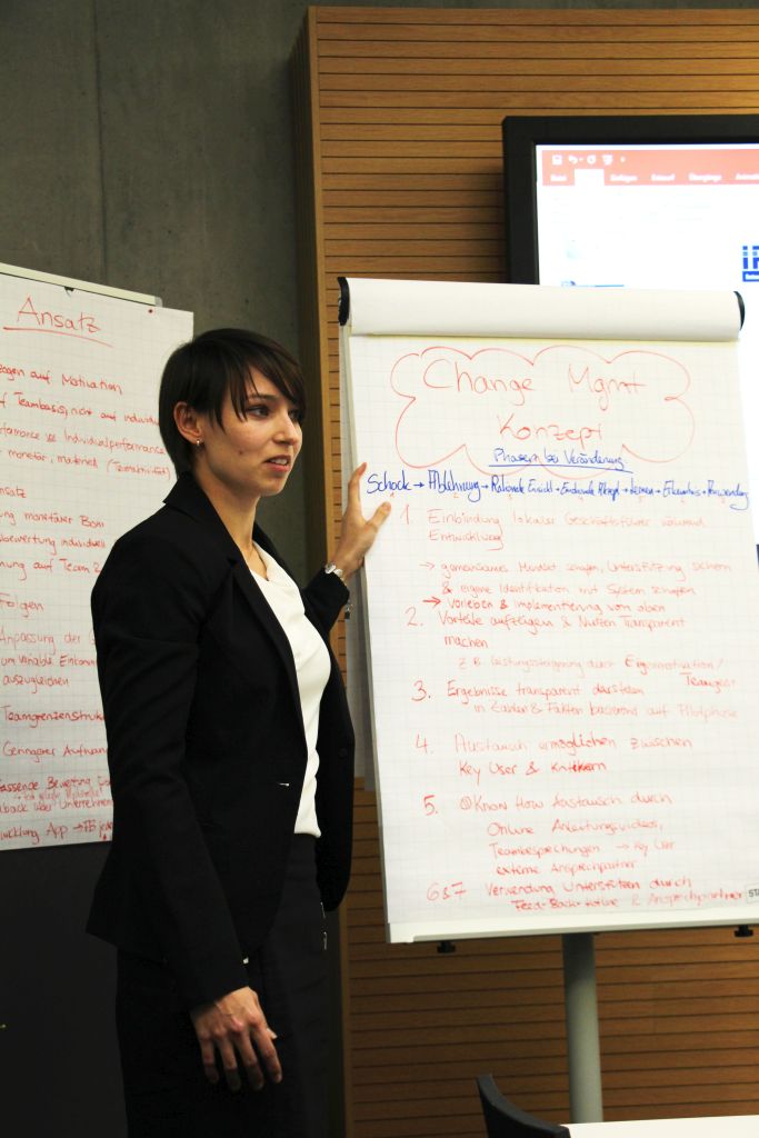 Luisa Butterhof erklärt das konkrete Change Management Konzept. (Bild: GPM Young Crew/Chiara Hänel)