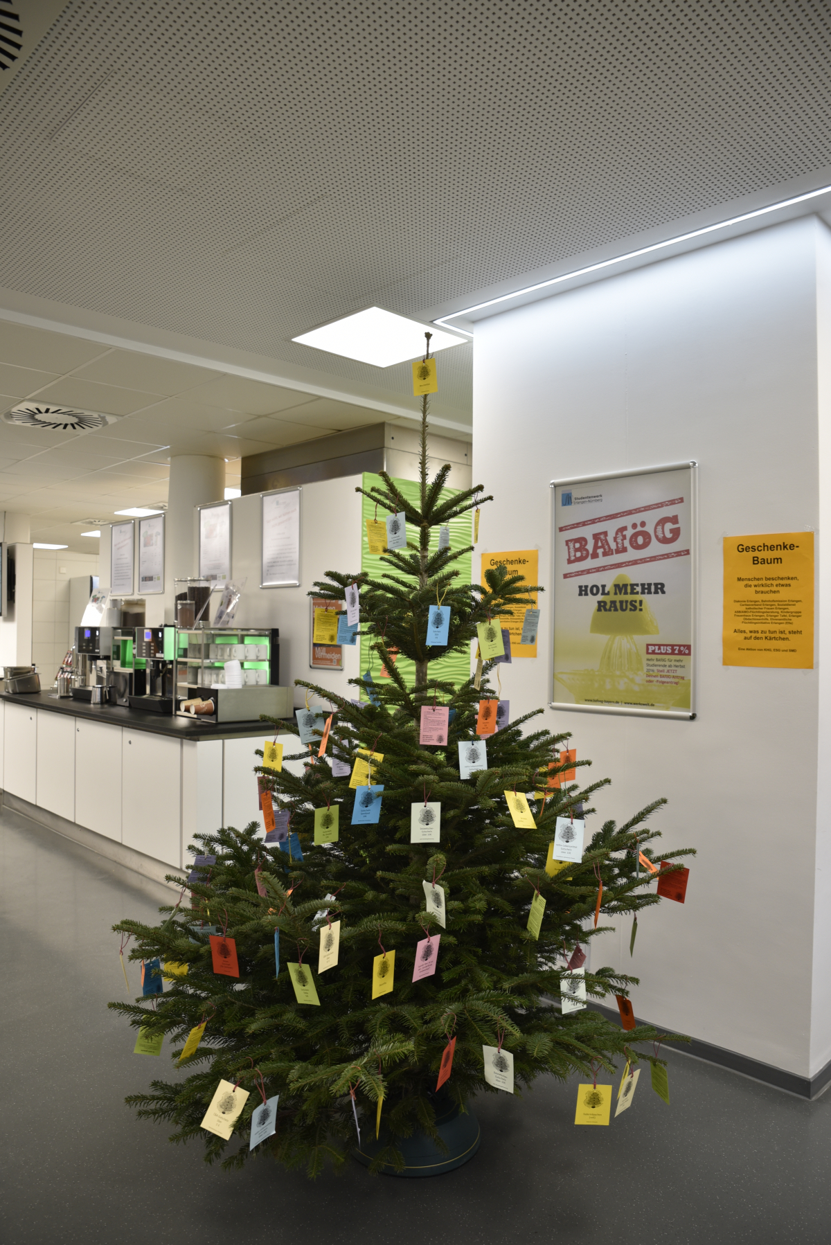 Auch in der Mensa am Erlanger Langemarckplatz steht einer der Bäume: Einfach Zettel abmachen, Geschenk besorgen, schön einpacken und abgeben. (Bild: FAU/Sophia Baumann)