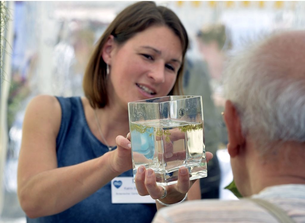 Researcher shows visitors an object