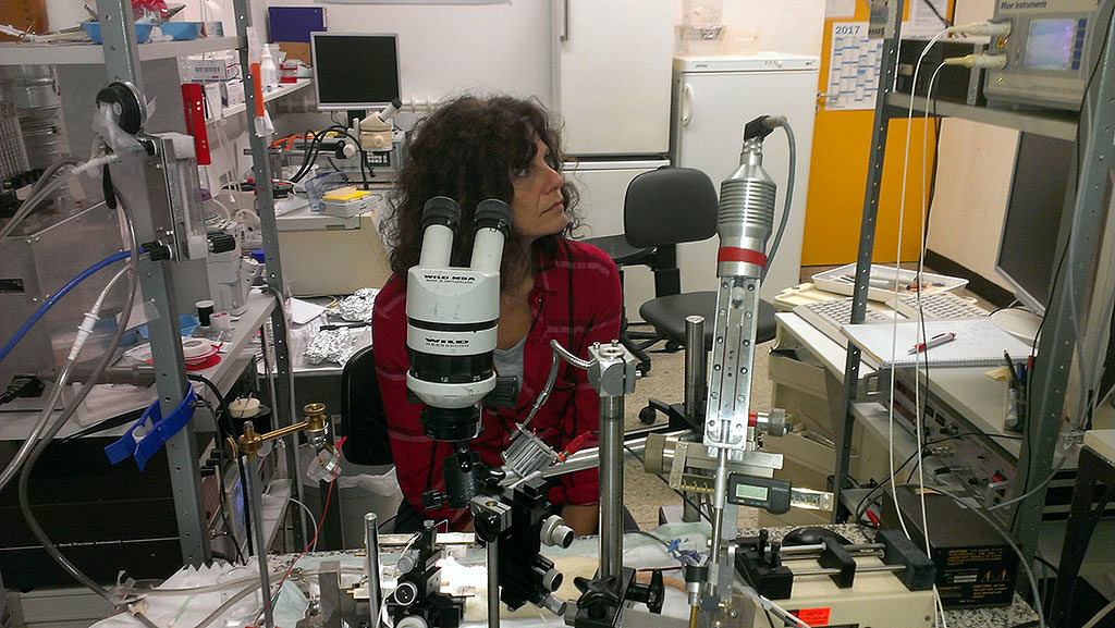 Mária Dux in einem Labor mit der Versuchsreihe und Mikroskopen