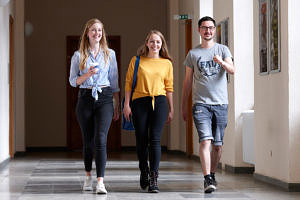 Students walking through university building