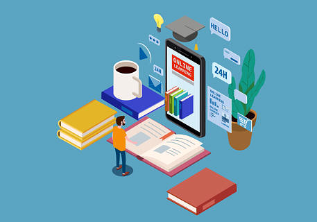 Illustration von Dingen auf Schreibtisch zuhause beim Online-Studieren wie Kaffetasse, Buch und Bildschirm