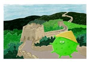 An illustration of the coronavirus on the Great Wall of China.