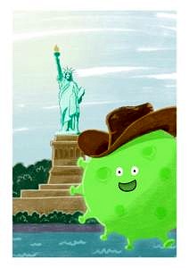 An illustration of the coronavirus in front of the Statue of Liberty.