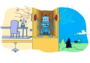 Illustration of a robot between two rooms.