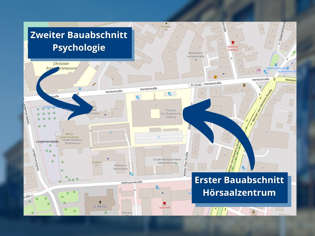Karte zeigt, wo das Hörsaalzentrum und die Gebäude der Psychologie gebaut werden.