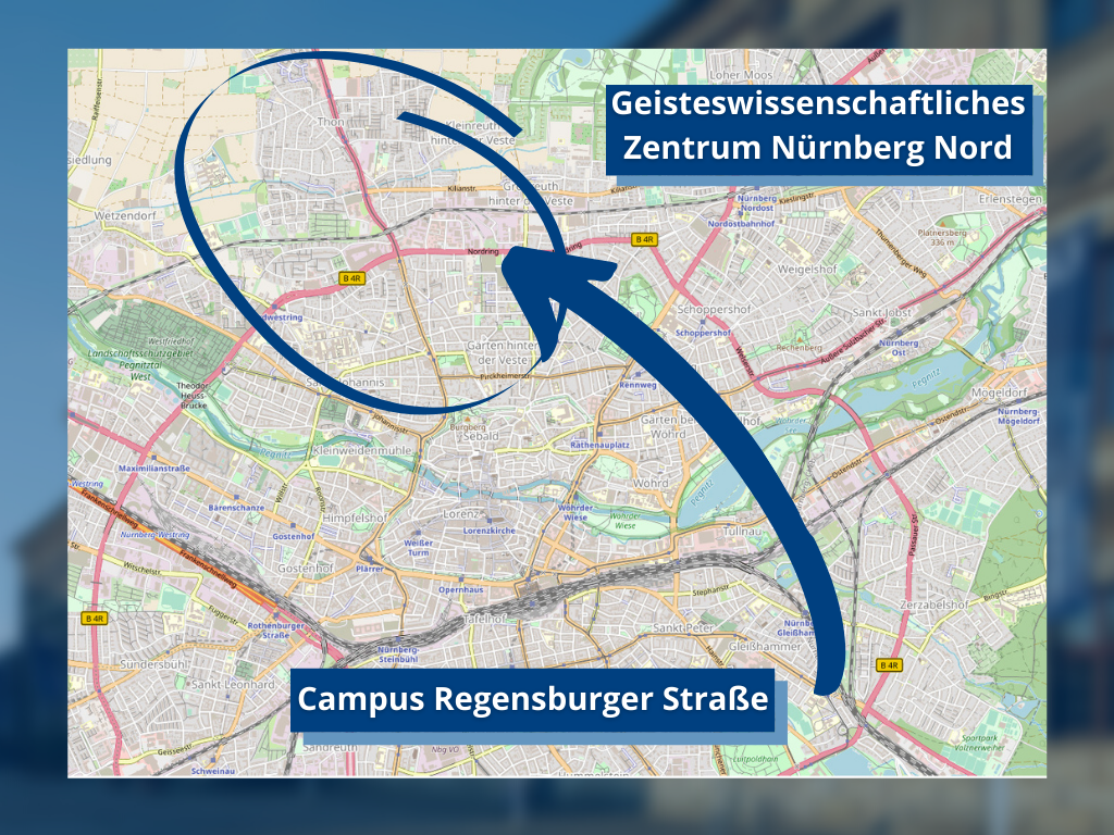 Karte zeigt mit einem Pfeil vom Campus Regensburger Straße in den Nürnberger Norden.