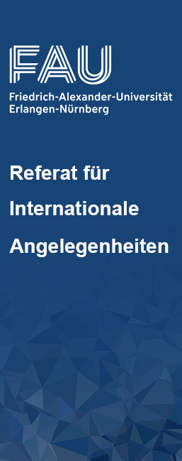 Auf einer blauen Fahne steht: Referat für internationale Angelegenheiten