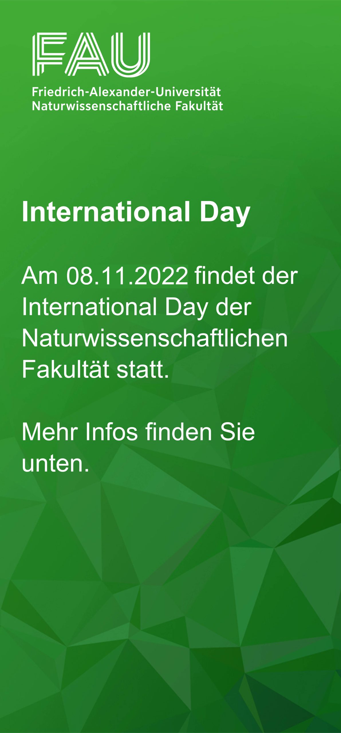 Auf einem grünen Banner steht: International Day, Am 8.11.2022 findet der International Day der Naturwissenschaftlichen Fakultät statt. Mehr Infos finden Sie unten.