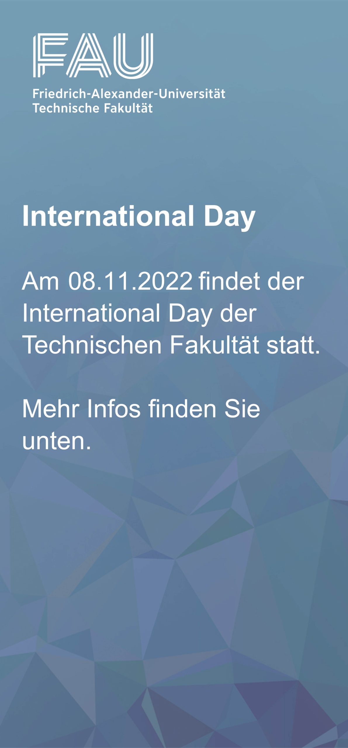 Auf einem blauen Banner steht: International Day. Am 8.11.2022 findet der International Day der WiSo statt. Mehr Infos finden Sie unten.