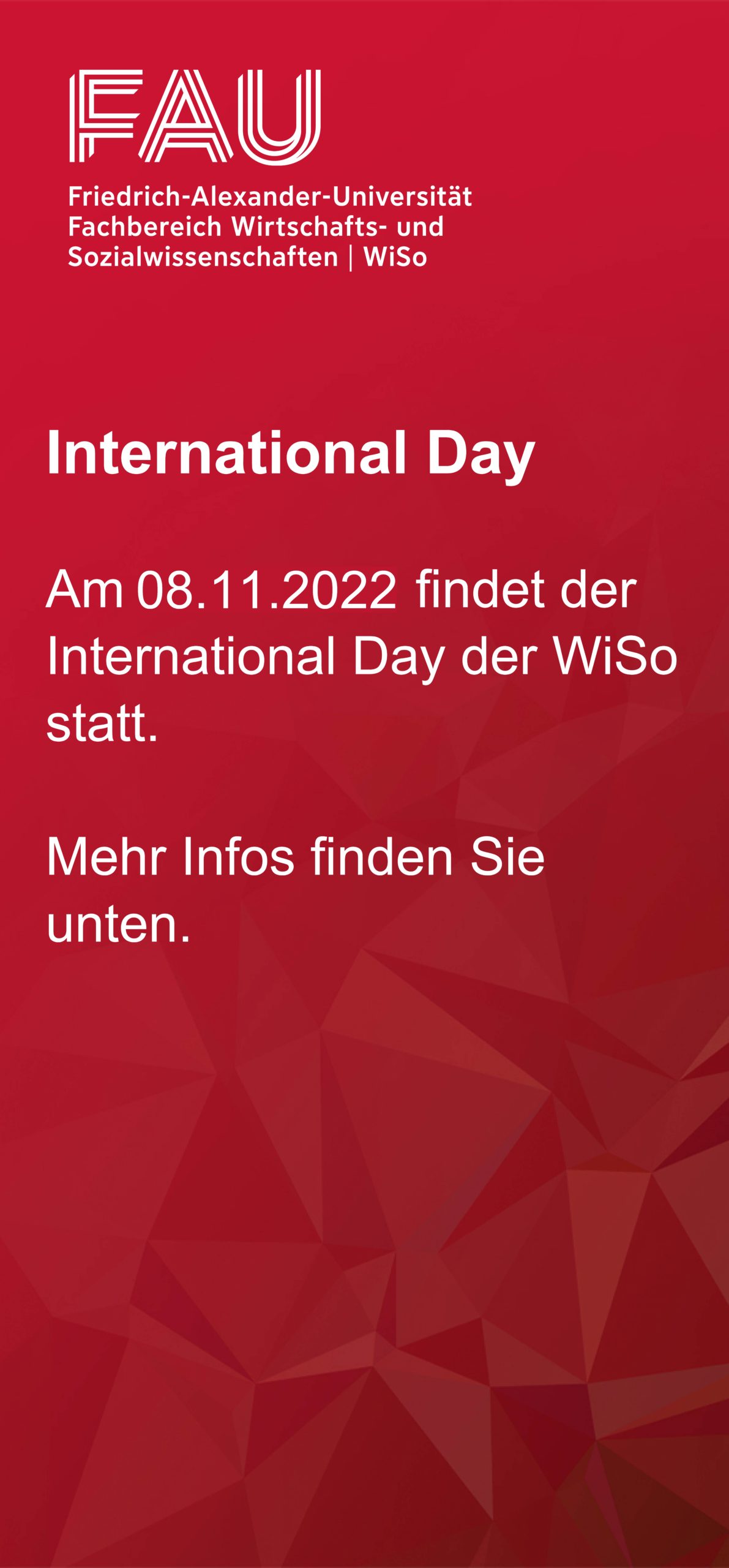 Auf einem rotem Banner steht: International Day, Am 8.11.2022 findet der International Day der WiSo statt. Mehr Infos finden Sie unten.