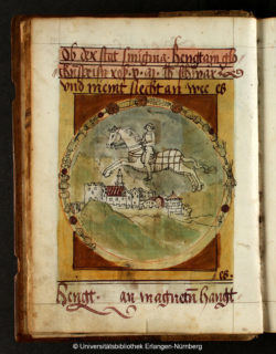 Die Bildenzyklopädie beschreibt auch das Staunen über die Welt, wie etwa bei den Sieben Weltwundern (hier ein magnetisch schwebender Reiter in Smyrna). (Bild: Erlangen, Universitätsbibliothek MS. B 200, f. 11v)