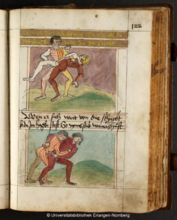 Sport und Freizeit gehören auch zum Weltbild des frühen 16. Jh., wie ein Zyklus über den Ringkampf zeigt. (Bild: Erlangen, Universitätsbibliothek MS. B 200, f. 122r)