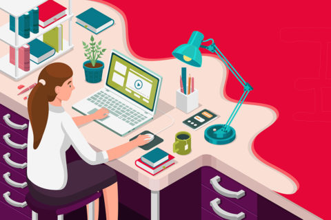 Illustration Studentin an Schreibtisch vor Laptop mit Videosymbol
