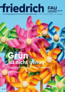 Auf dem Cover des FAU-Magazins sind Spielzeug-Windräder in gelb, rosa, grün und blau zu sehen