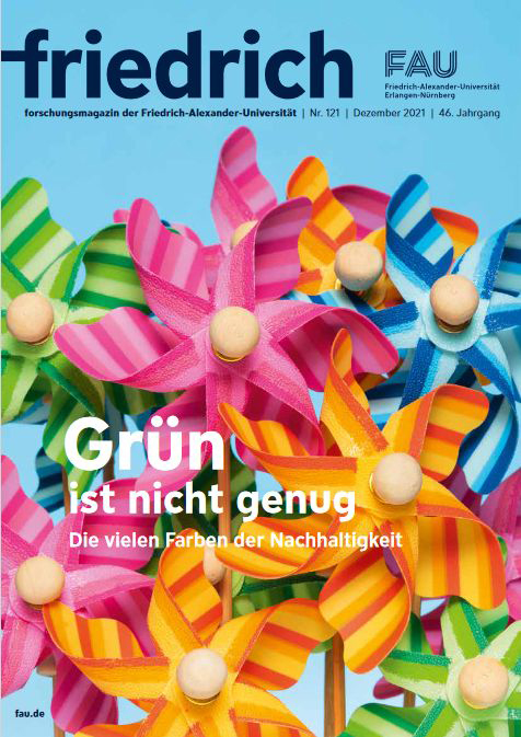 Das Cover des FAU-Magazins friedrich Nr. 121 zeigt bunte Windräder