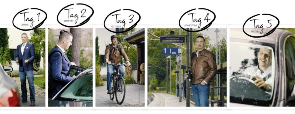 5 Bilder in Reihe, die einen Mann auf seinem Arbeitsweg zeigen, zunächst mit dem Auto, dann Rad, dann Öffis - und wieder Auto.