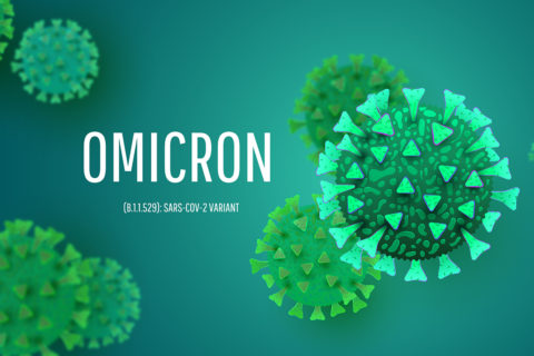 SARS-CoV-2 Coronavirus Variant Omicron cell delta on green background