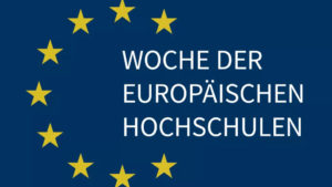 Gelbe Sterne auf blauem Grund mit Schrift "Woche der Europäischen Hochschulen"