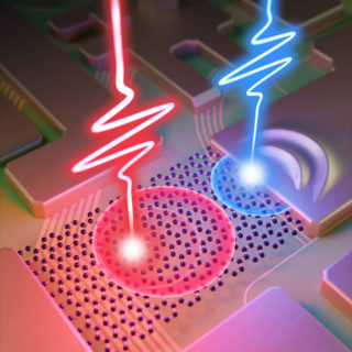 Künstlerische Darstellung der Gold-Graphen Struktur, in der Elektronen-Wellen aus realen und virtuellen Ladungsträgern durch zwei ultrakurze Laserimpulse angeregt werden. Die kombinierte Anregung findet Anwendung in einem ultraschnellen logischen Gatter.