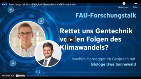 Thumbnail zeigt Köpfe deer Forscher Sonnewald und Hornegger und den Titel "Rettet uns Gentechnik vor den Folgen des Klimawandels"