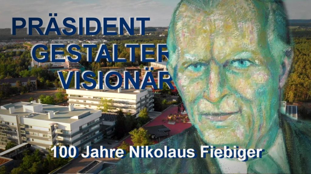 Collage Gemälde von Nikolaus Fibinger, im Hintergrund Foto der Technischen Fakultät und die Schrift "Präsident Gestalter Visionär"