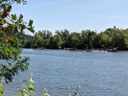 Die drei Römerboote kämpfen sich voran. Die F.A.N. in Führung, die Danuvina alacris und die Regina folgen. (Bild: FAU/Alexander Hilverda)