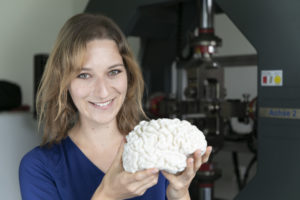 Eine Frau hält das Modells eines Gehirns in der Hand.
