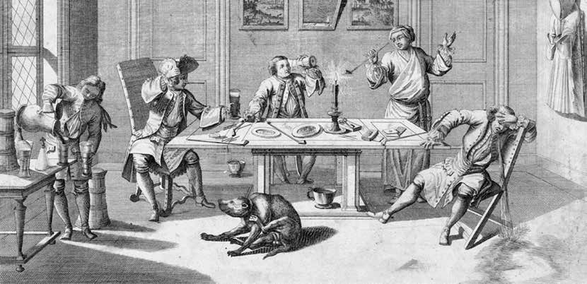 Ein Stich zeigt fünf Männer, die an einem Tishc sitzen, rauchen und trinken.