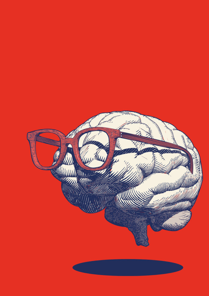 Ein Cartoon-Gehirn mit Brille schwebt auf rotem Hintergrund.
