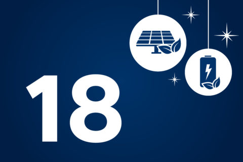 Auf blauem Hintergrund steht in weiß die Zahl 18 sowie Grafiken von einer Solaranlage und einer Batterie.
