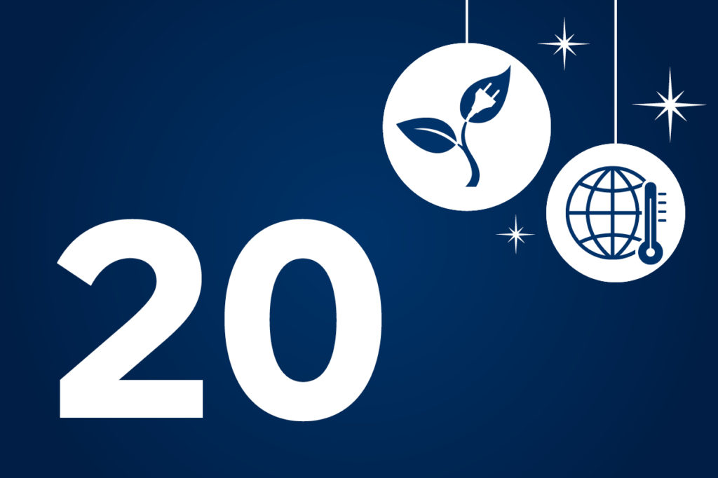 Auf blauem Hintergrund steht in weiß die Zahl 20 sowie Grafiken von einem Pflanze und einer Weltkugel mit Thermometer.