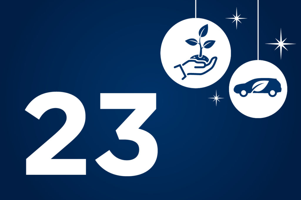 Auf blauem Hintergrund steht in weiß die Zahl 23 sowie Grafiken von einem Auto und einer Pflanze in einer Hand.