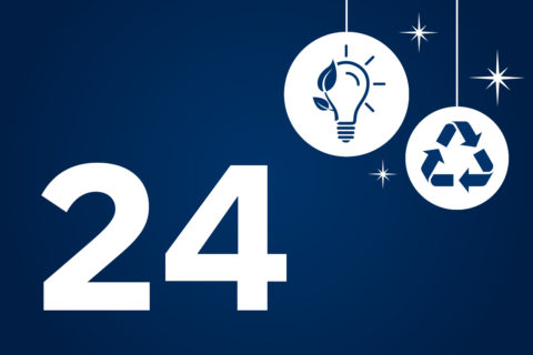 Auf blauem Hintergrund steht in weiß die Zahl 24 sowie das Recycling-Symbol und eine Glühbirne.