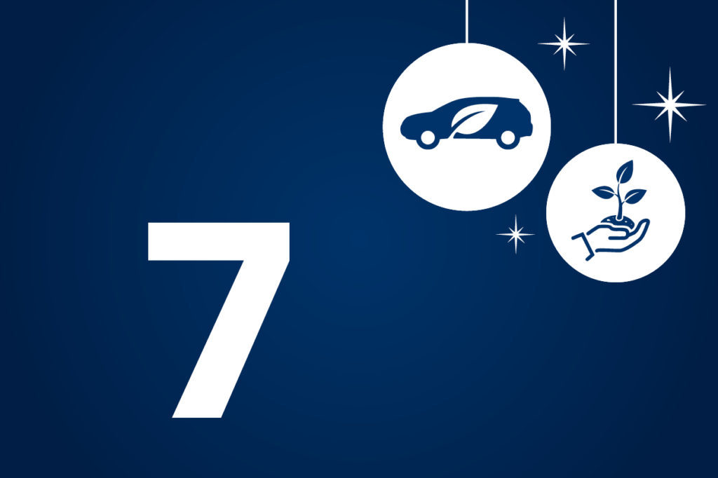 Auf blauem Hintergrund steht in weiß die Zahl 7 sowie Grafiken eines Autos und einer Pflanze in einer Hand.