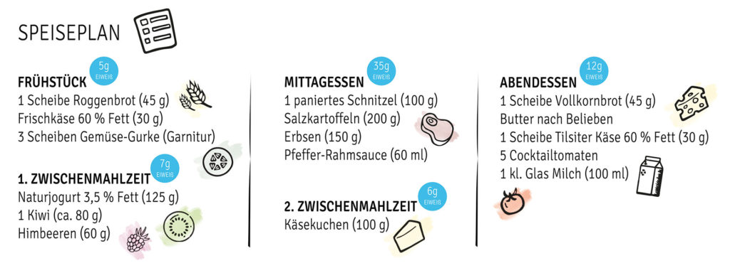 Auf einer Grafik wird ein Speiseplan darsgestellt. Dort steht: Frühstück (5g Eiweiß): 1 Scheibe Roggenbrot (45g), Frischkäse 60 % Fett (30g), 3 Scheiben GEmüse-Gurke (Garnitur); 1. Zwischenmahlzeit (7g Eiweiß): Naturjogurt 3,5% Fett (125g), 1 Kiwi (ca. 80g), Himbeeren (60g); Mittagessen (35g Eiweiß): 1 paniertes Schnitzel (100g), Salzkartoffeln (200g), Erbsen (150g), Pfeffer-Rahmsauce (60ml); 2. Zwischenmahlzeit (6g Eiweiß): Käsekuchen (100g); Abendessen (12g Eiweiß): 1 Scheibe Vollkornbrot (45g), Butter nach Belieben, 1 Scheibe Tilsiter Käse 60% Fett (30g), 5 Cocktailtomaten, 1 kl. Glas Milch (100ml)