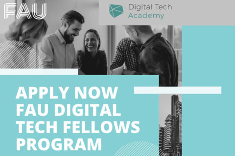 Lächelnde Menschen und der Text "Digital Tech Academy. Aplly now FAU Digital Fech Fellows Programm"