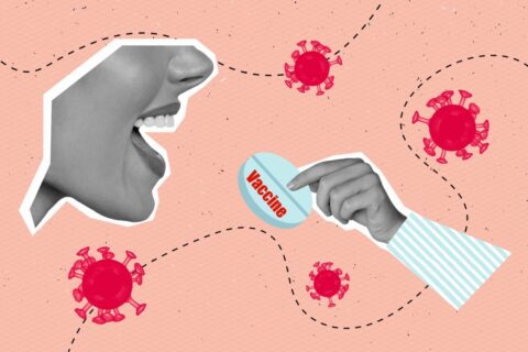 Collage Mund und Hand und Pille und mRNA-Viren