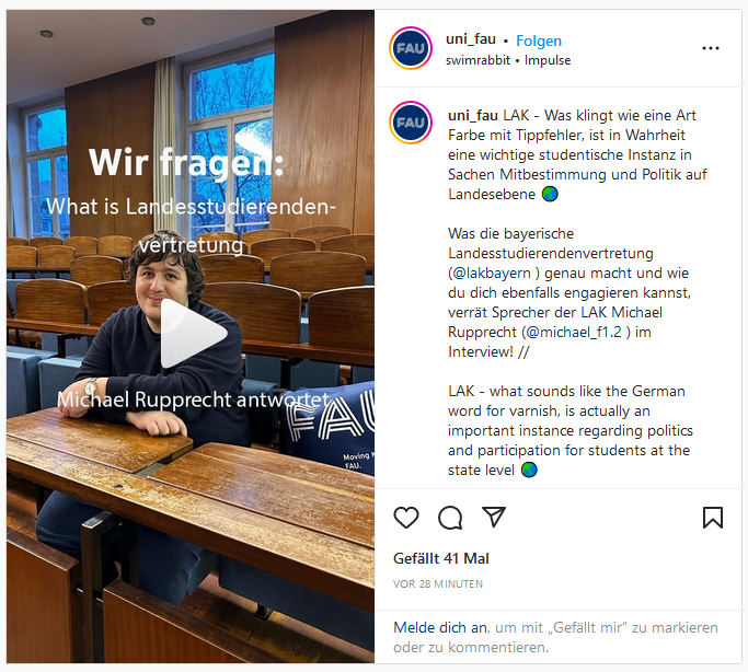 Beitrag auf dem Instagramkanal der FAU