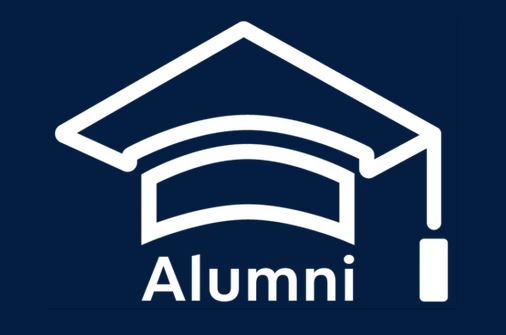 Graphic of a graduation hat in white on a dark blue background with the word Alumni
