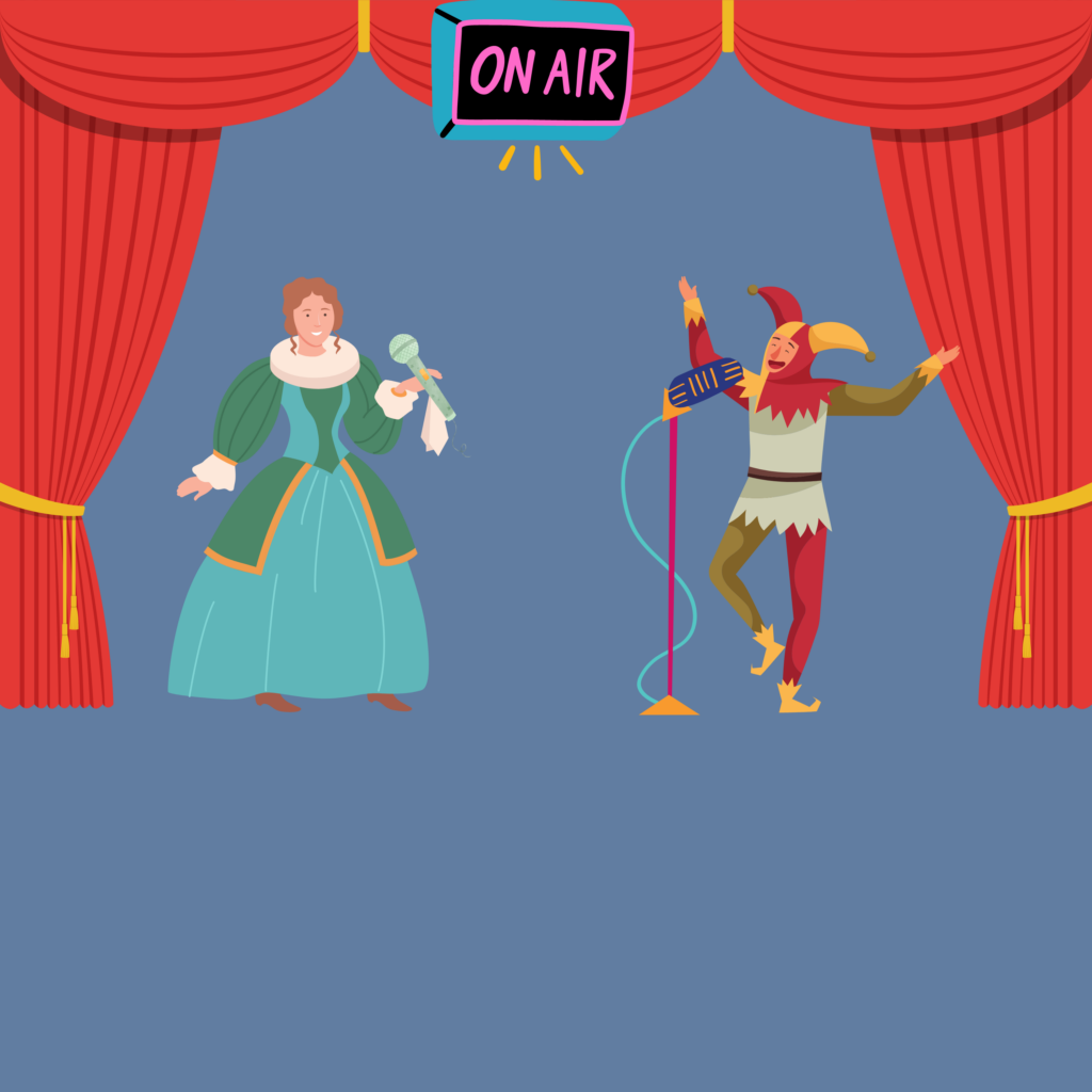 Podcast-Cover: Eine Grafik von zwei mittelalterlichen Schauspieler*innen, die auf einer Bühne in Mikrofone sprechen.