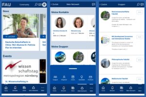 Drei Screenshots der FAU Community App