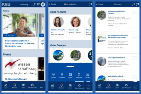 Drei Screenshots der FAU Community App